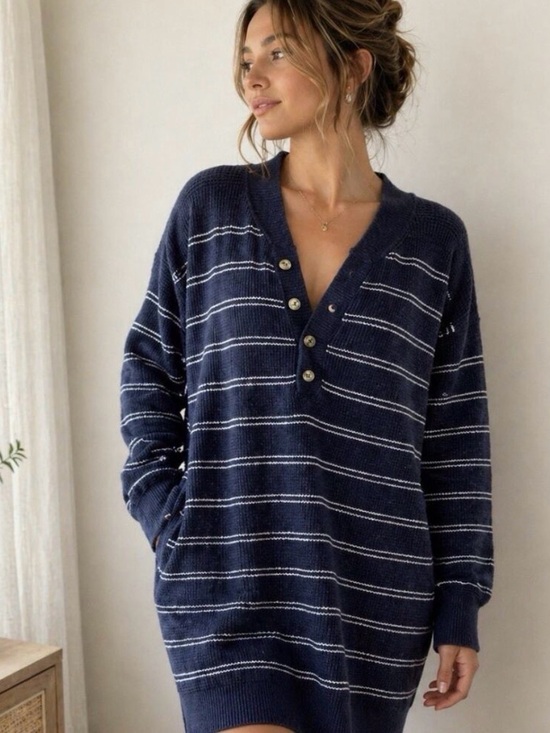 Prana Sweaters - Prana Navy and White Milani Henley Sweater Dress